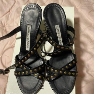 Gold stud ankle wrap heels Manolo Blahnik 4.5